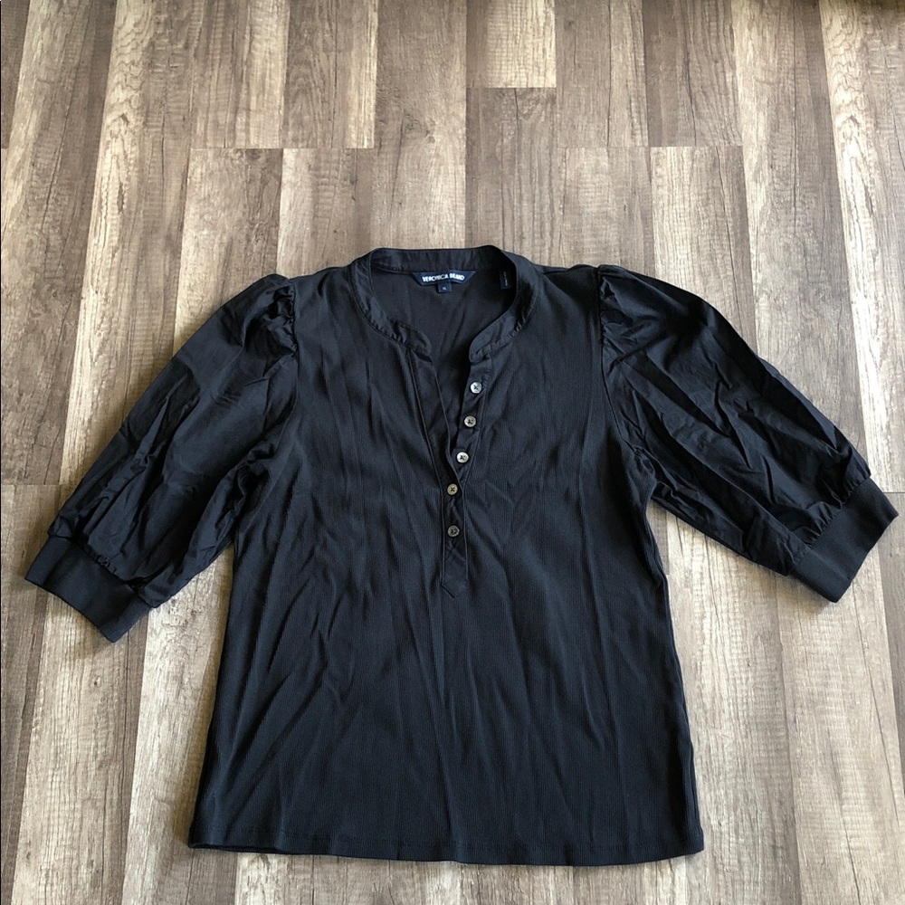 Veronica Beard Coralee Black Puff 3/4 Sleeve Ribbed Top XL - Picture 2 of 8
